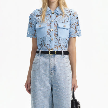 Mavi Dantel Yaka Üst