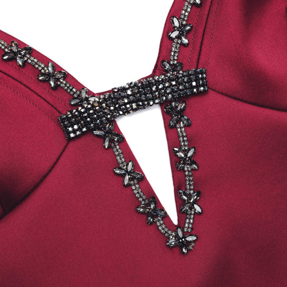 Bordo Saten Askılı Mini Elbise