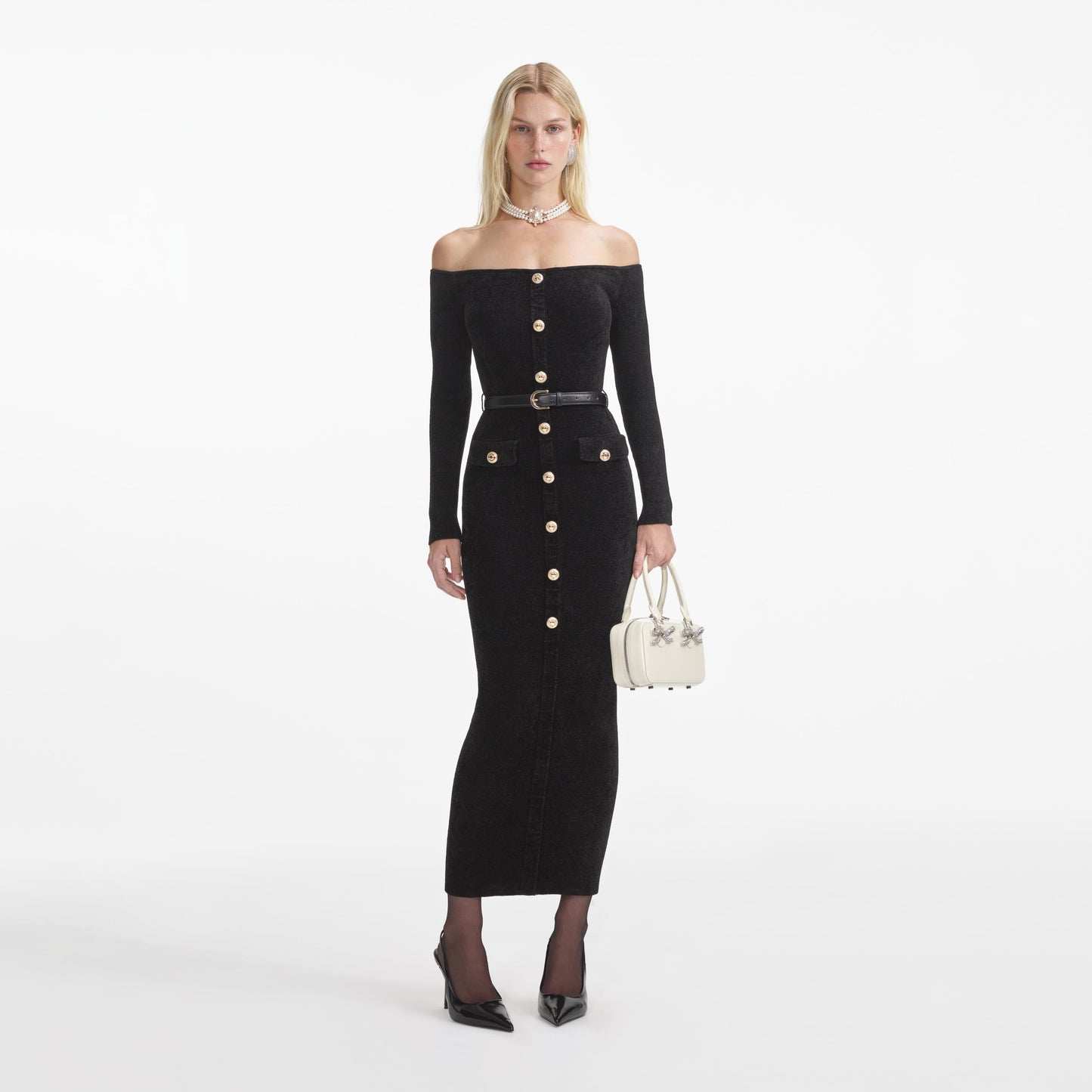 Siyah Şönil Örgü Midi Elbise