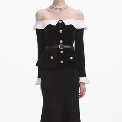 Siyah Şönil Örme Omuz Açık Midi Elbise