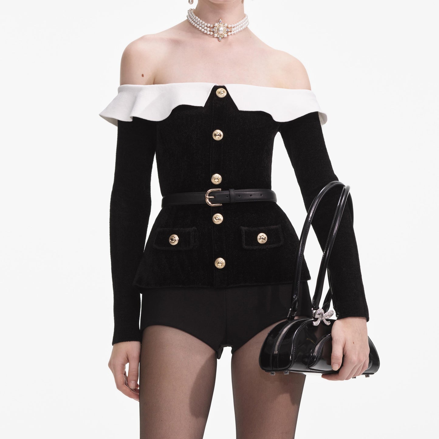 Siyah Şönil Örgü Omuz Açık Üst