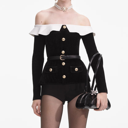 Siyah Şönil Örgü Omuz Açık Üst