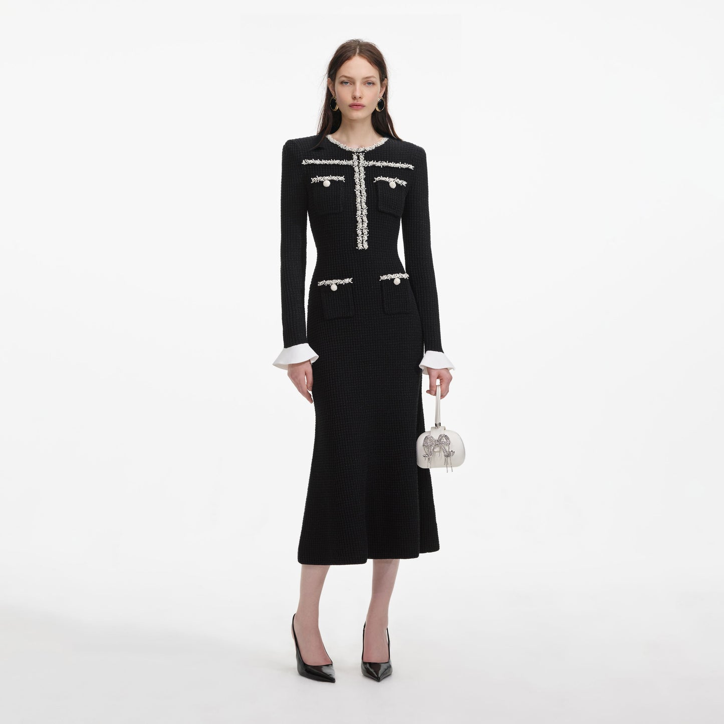 Siyah İnci Detaylı Örme Midi Elbise