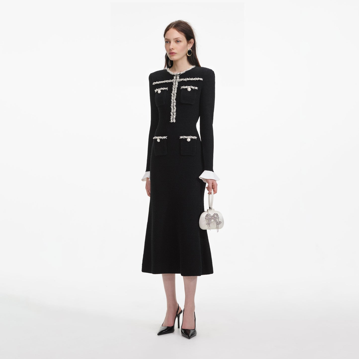 Siyah İnci Detaylı Örme Midi Elbise