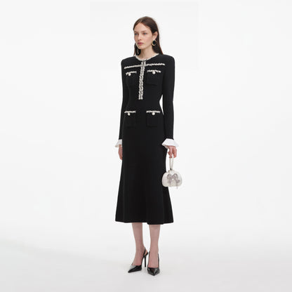 Siyah İnci Detaylı Örme Midi Elbise