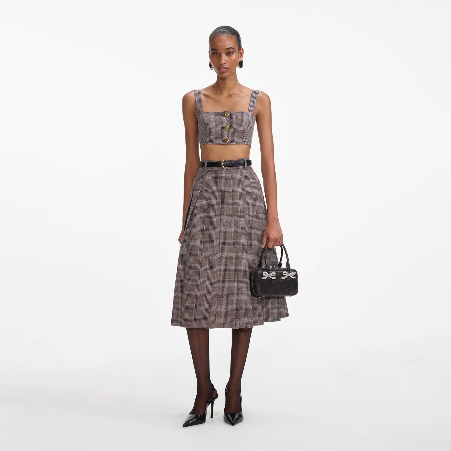 Kahverengi Kareli Kısa Üst