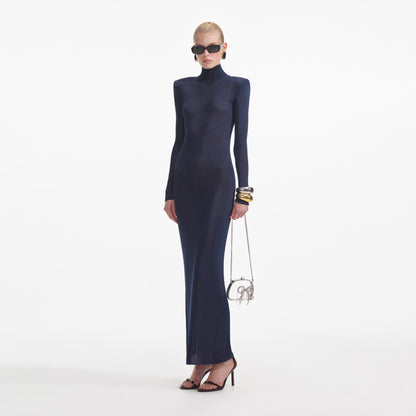 Lacivert Viskon Örgü Uzun Elbise