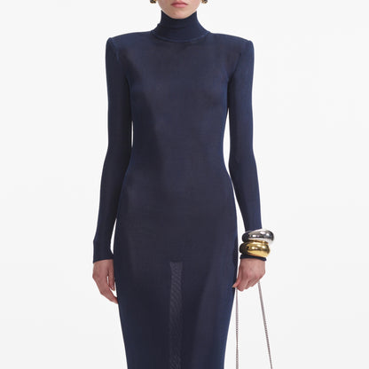 Lacivert Viskon Örgü Uzun Elbise