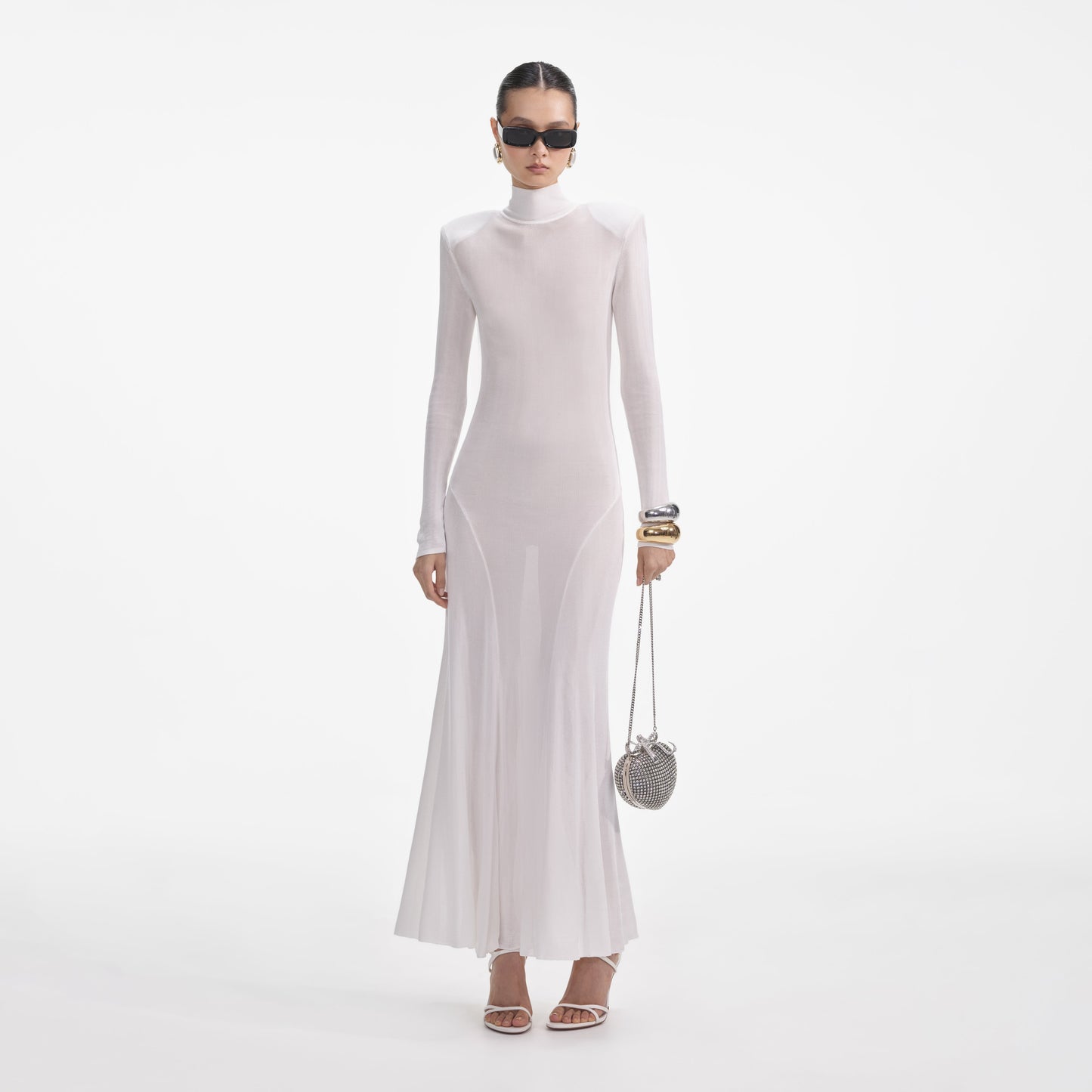 Beyaz Viskon Örme Uzun Elbise