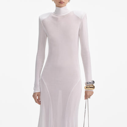 Beyaz Viskon Örme Uzun Elbise