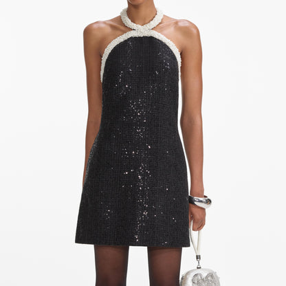 Siyah Bukle İnci Süslemeli Mini Elbise