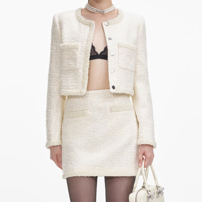 Krem Bukle İnci Kenarlı Ceket