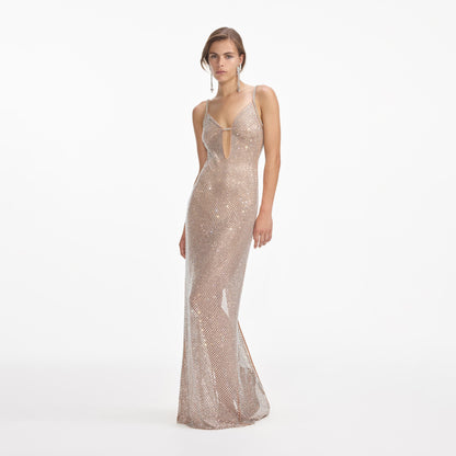 Gümüş Taşlı Fileli Uzun Elbise