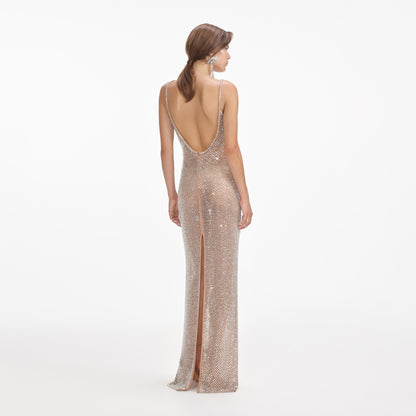 Gümüş Taşlı Fileli Uzun Elbise