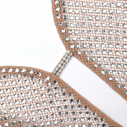 Gümüş Taşlı Fileli Uzun Elbise