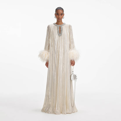 Altın Metalik Tüylü Uzun Elbise