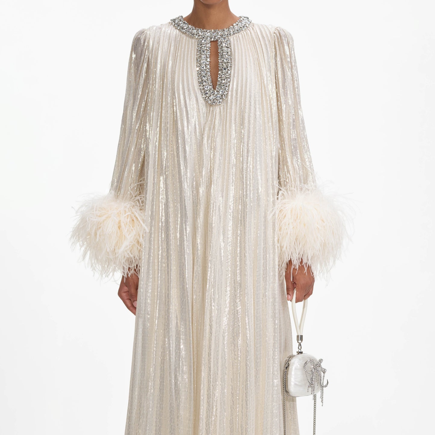 Altın Metalik Tüylü Uzun Elbise