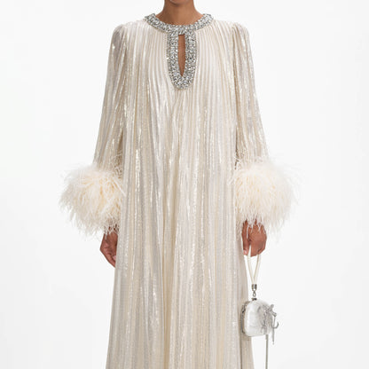 Altın Metalik Tüylü Uzun Elbise