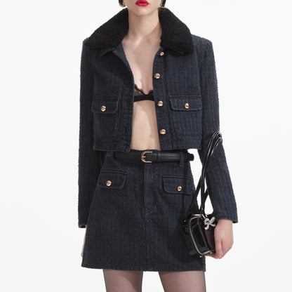 Gri Dokulu Kot Mini Etek