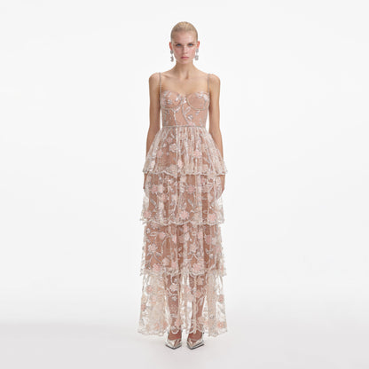 Çiçek Payetli Katmanlı Uzun Elbise