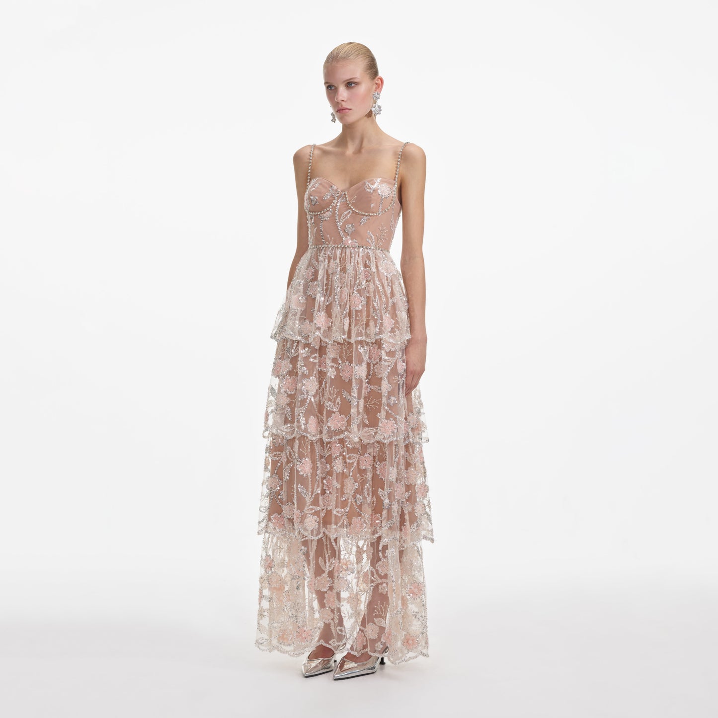 Çiçek Payetli Katmanlı Uzun Elbise