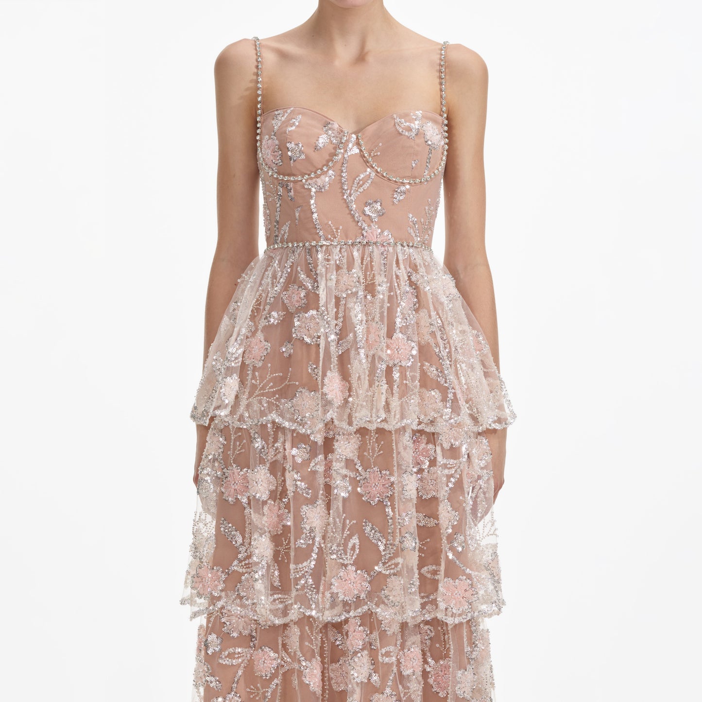 Çiçek Payetli Katmanlı Uzun Elbise