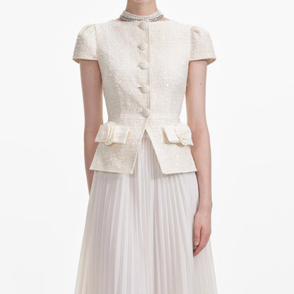 Krem Buklet Fiyonk Detaylı Midi Elbise