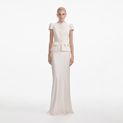 Krem Buklet Fiyonk Detaylı Uzun Elbise