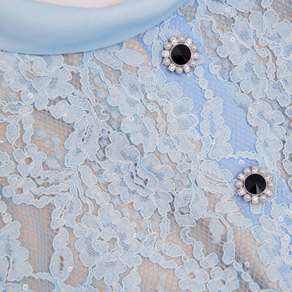 Mavi Dantel Düğmeli Midi Elbise