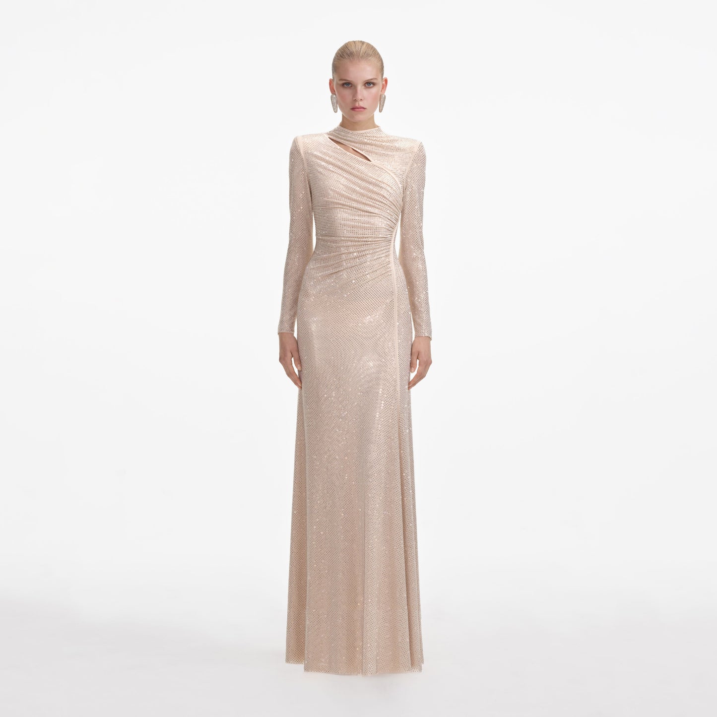 Altın Elmaslı File Kesimli Uzun Elbise