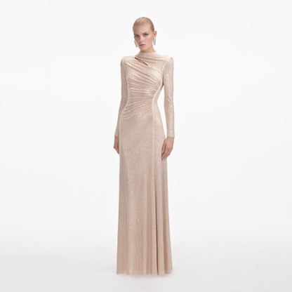 Altın Elmaslı File Kesimli Uzun Elbise