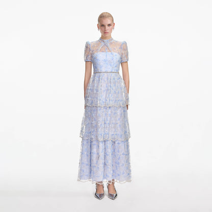 Mavi Boncuklu Pullu Dantel Uzun Elbise