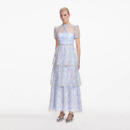 Mavi Boncuklu Pullu Dantel Uzun Elbise