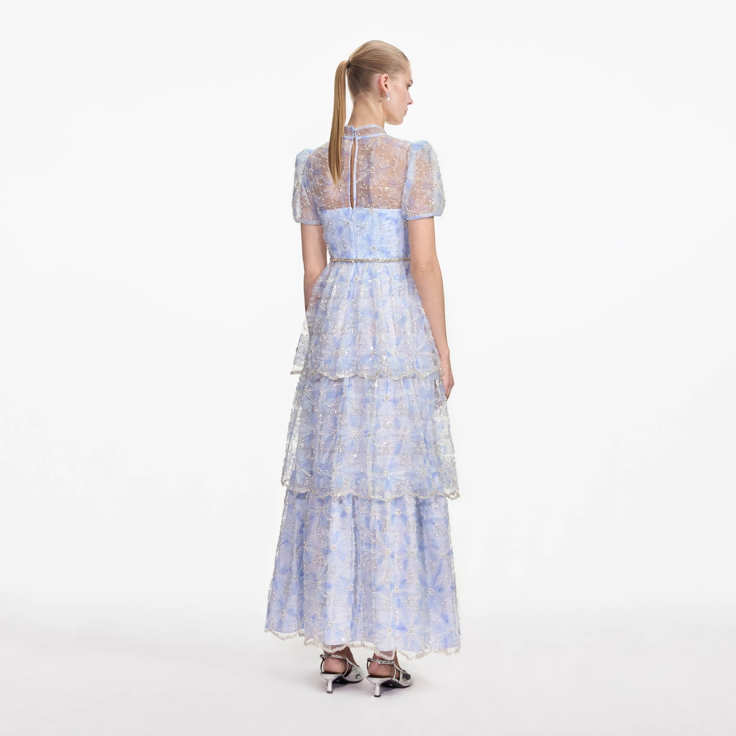 Mavi Boncuklu Pullu Dantel Uzun Elbise