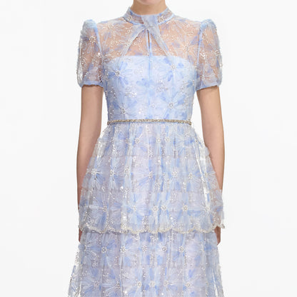 Mavi Boncuklu Pullu Dantel Uzun Elbise