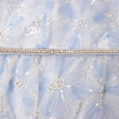 Mavi Boncuklu Pullu Dantel Uzun Elbise