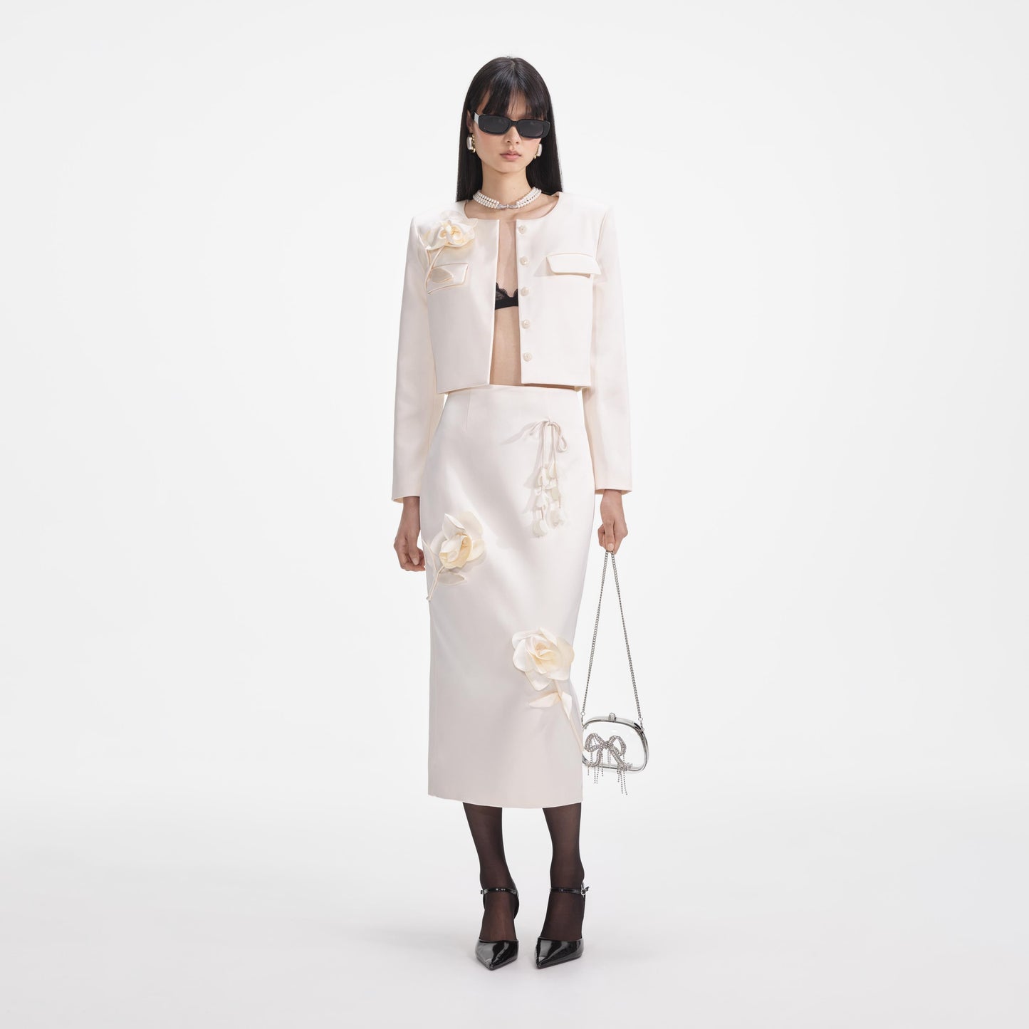 Krem 3D Çiçek Saten Midi Etek