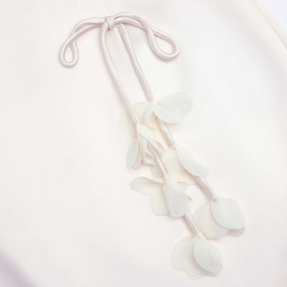 Krem 3D Çiçek Saten Midi Etek