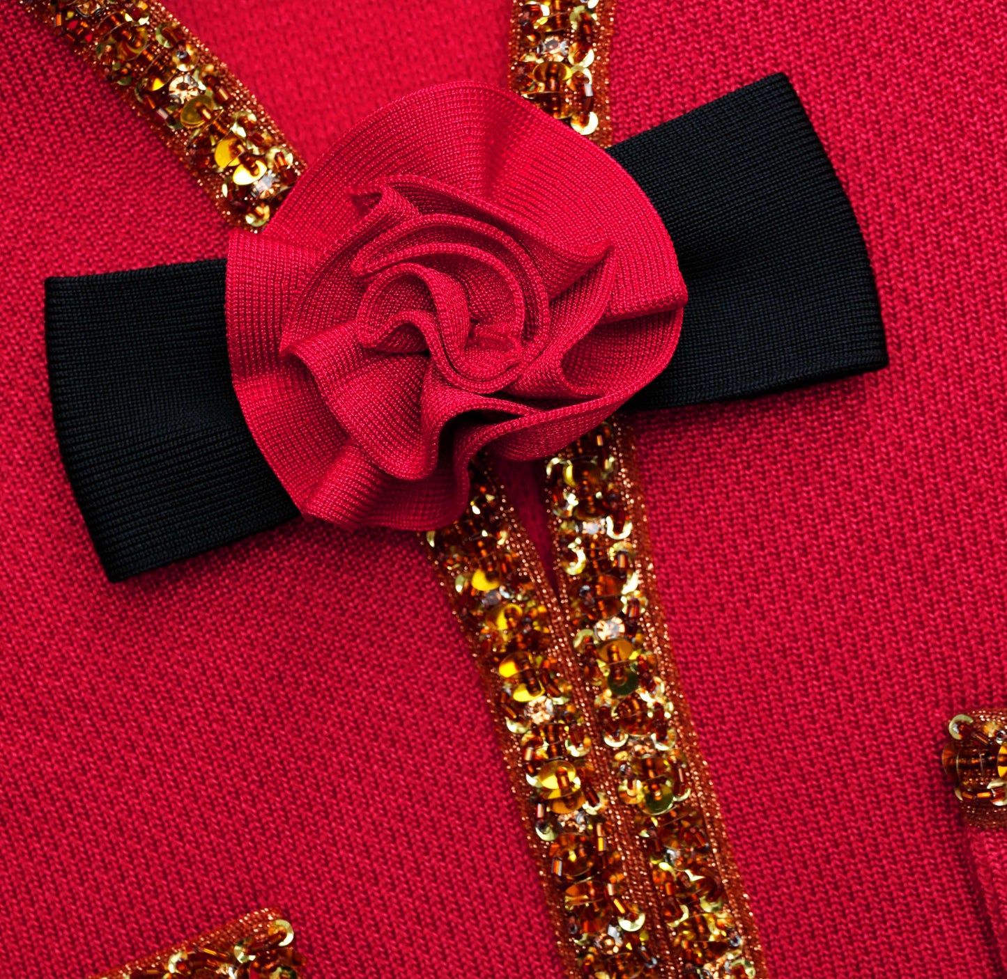 Kırmızı Dokulu Örgü Korsaj Midi Etek