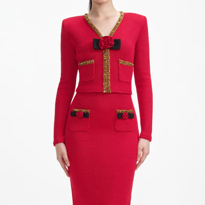 Kırmızı Dokulu Örgü Korsaj Midi Etek