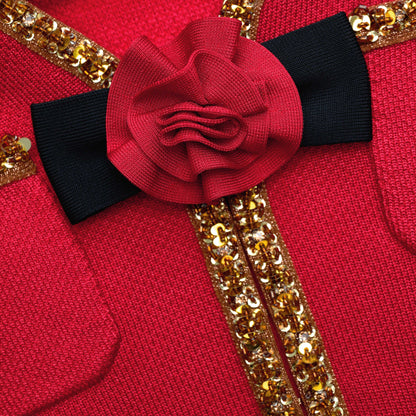 Kırmızı Dokulu Örgü Korsajlı Mini Elbise