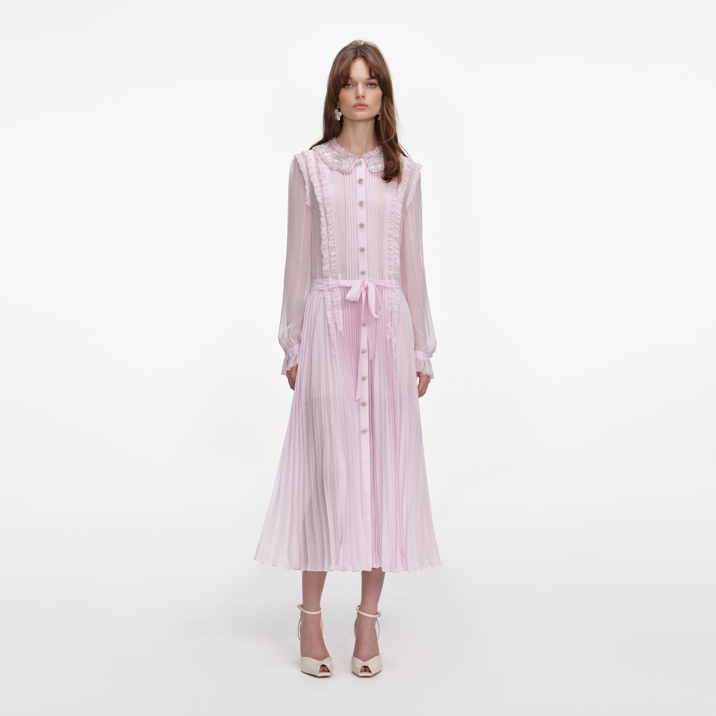 Pembe Pileli Georgette Midi Elbise