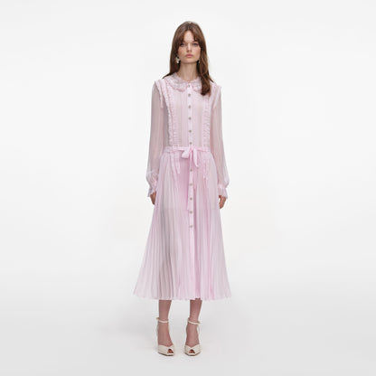 Pembe Pileli Georgette Midi Elbise