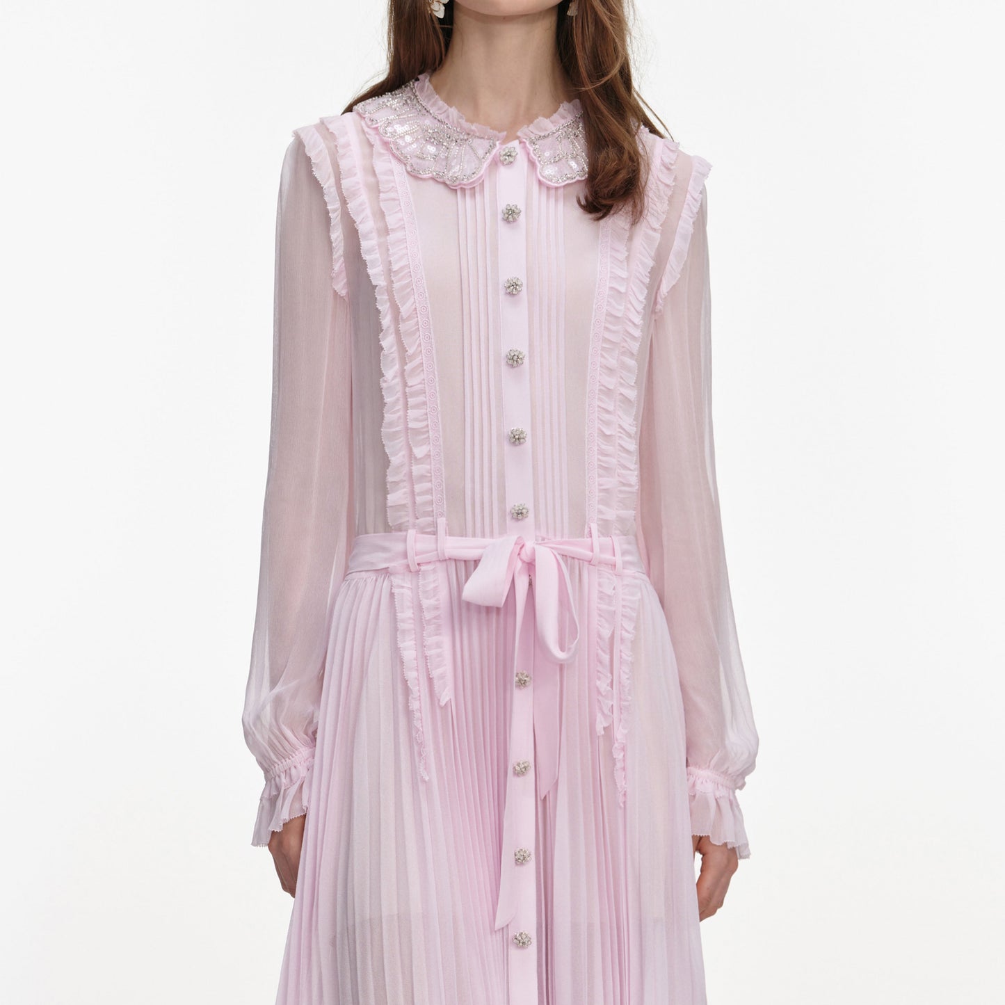 Pembe Pileli Georgette Midi Elbise