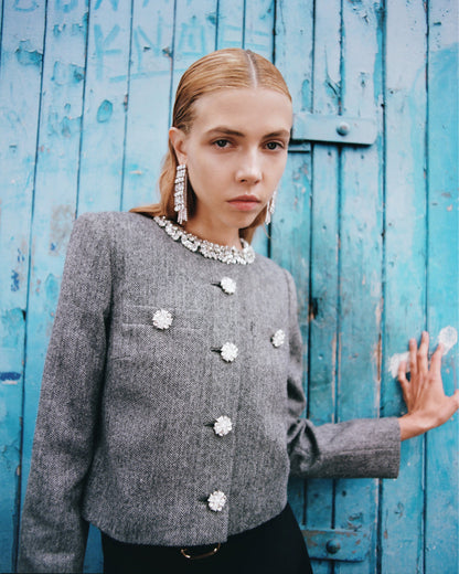 Gri Balıksırtı Kristal Kenarlı Ceket