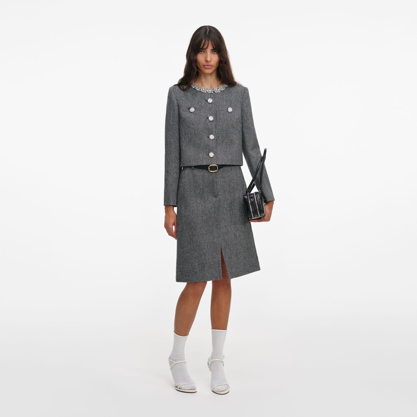 Gri Balıksırtı Kristal Kenarlı Ceket