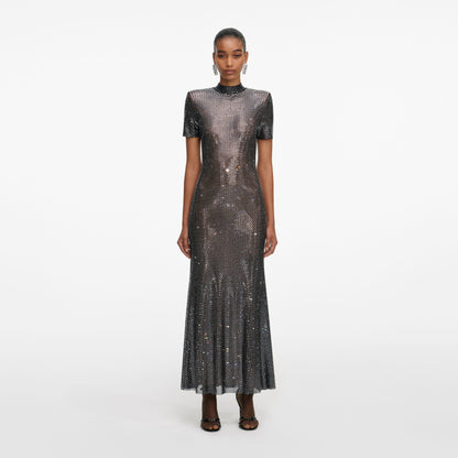 Metalik Taşlı Midi Elbise