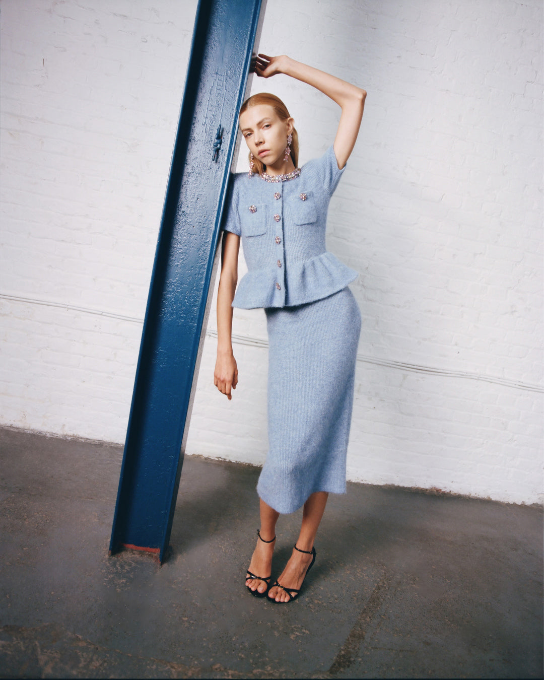 Mavi Peplum Örgü Midi Elbise