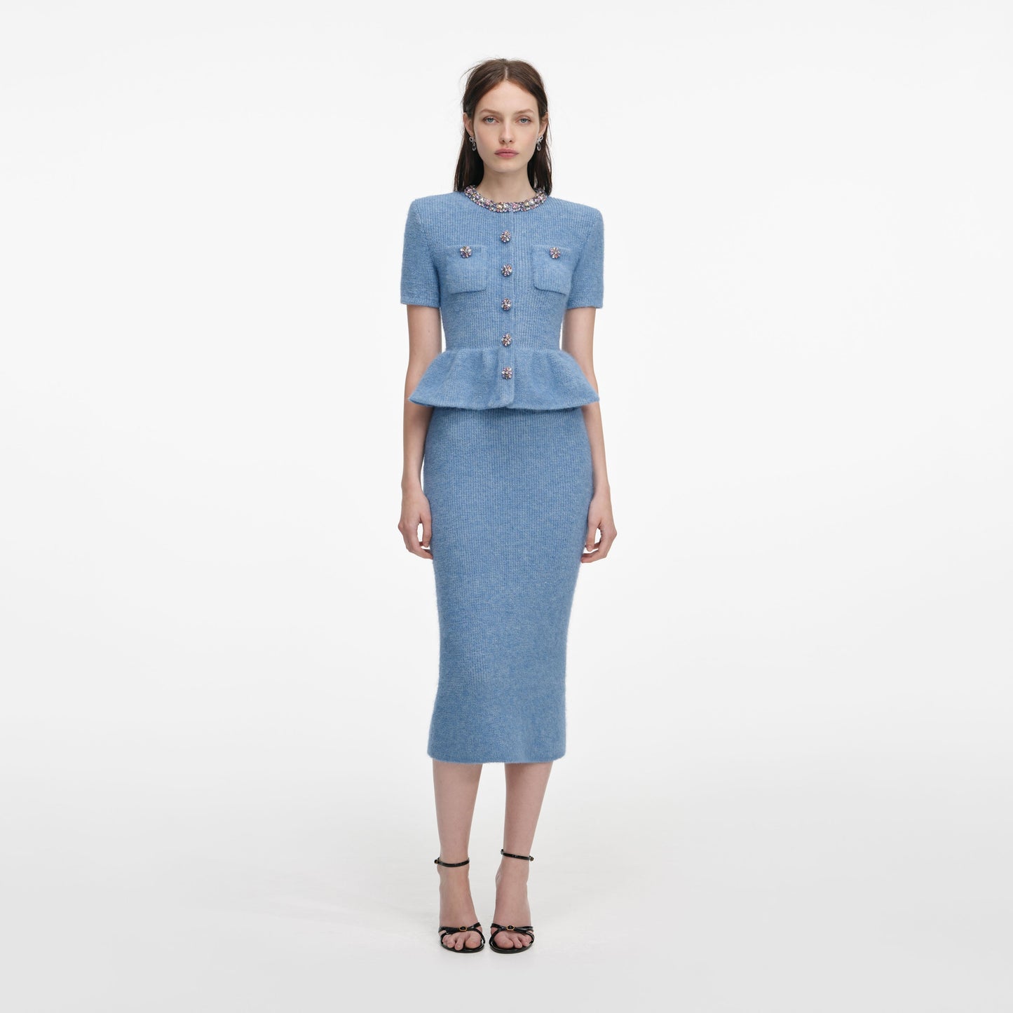 Mavi Peplum Örgü Midi Elbise