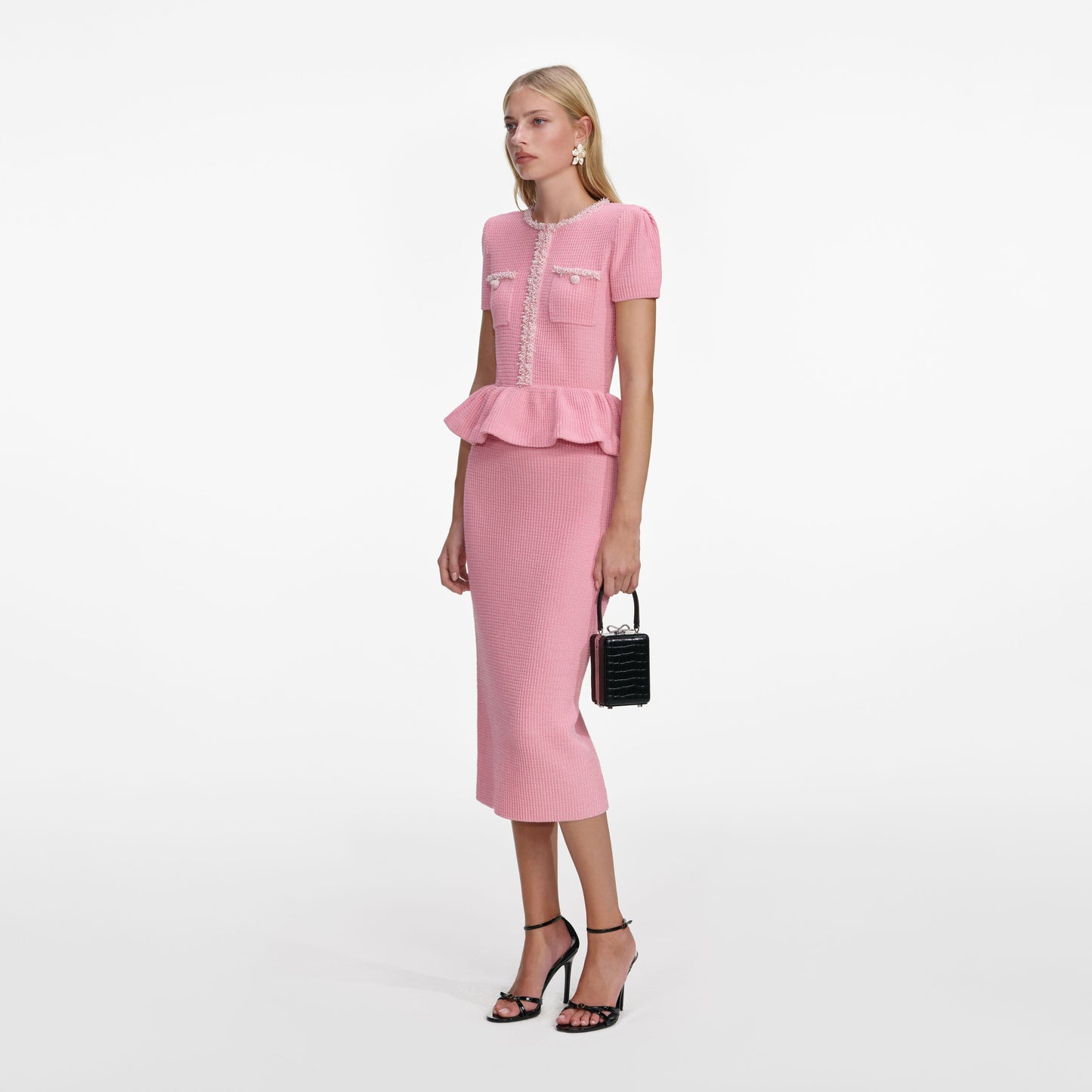 Pembe Peplum Örgü Midi Elbise